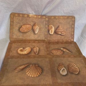 placemats, set of 6, wipe-clean pressed board, cork backing, seashells theme